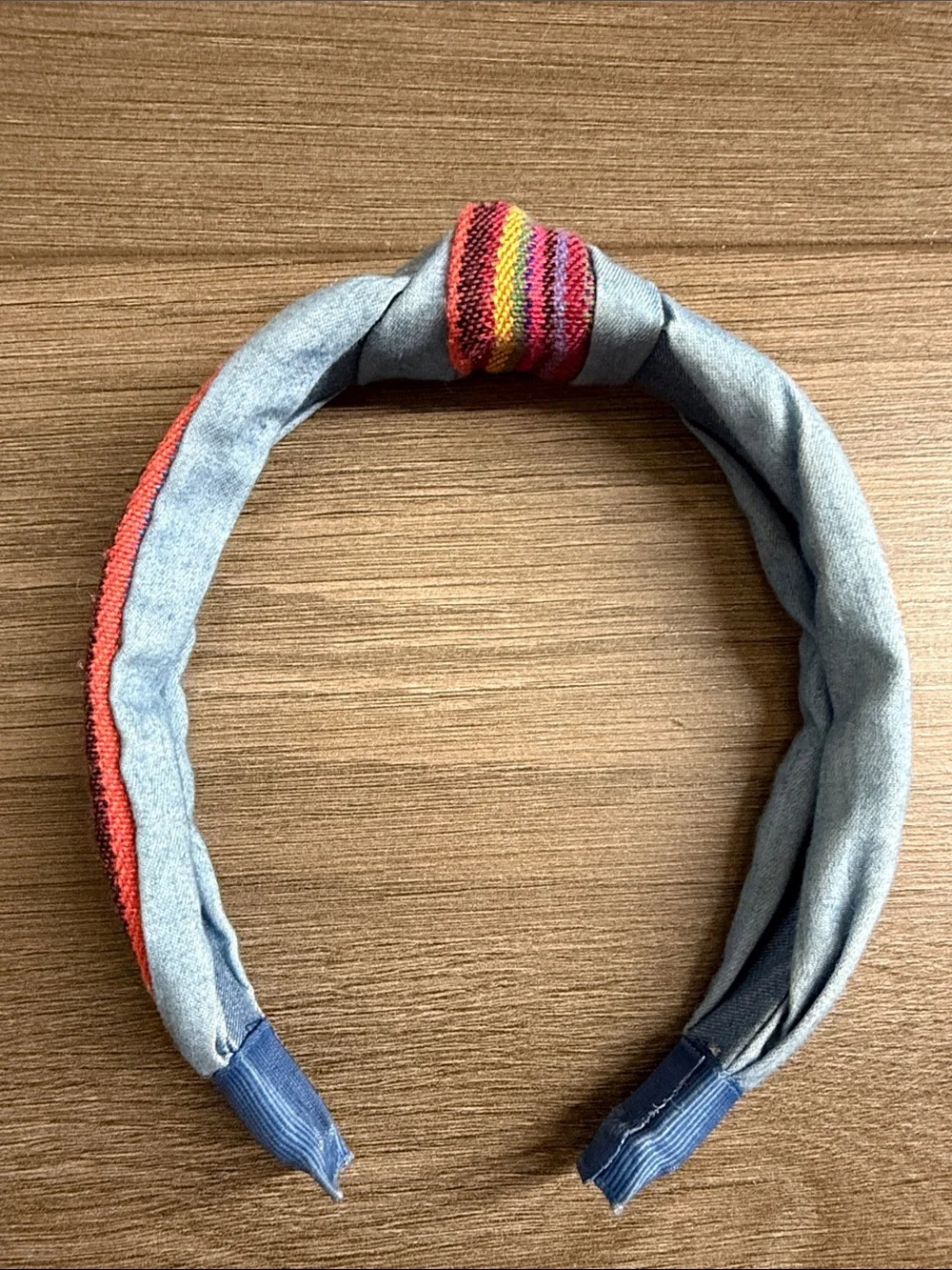 Light Blue Fabric Headband with Multicolor Knotted Accent